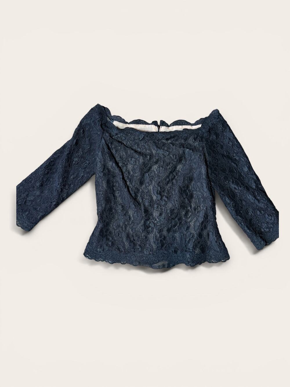 Navy Lace Off Shoulder Blouse Three Quarter Sleeve Romantic Top